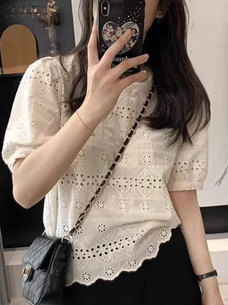 ZANZEA Openwork Embroidery Blouses Women Elegant Puff Sleeve O Neck Lace Patchwork Blusas Mujer Casual Commute Solid Smock Tops