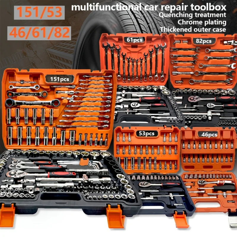 Professional Quality Car Repair Kit - 46/53/61/82/151Pieces，High Quality Orange Car Repair Machine Fast Ratchet Wrench and Repai