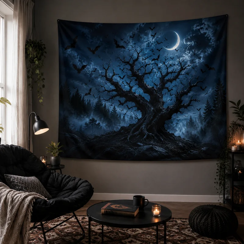VIKAMA Blood Moon Batik Tapestry, Hung On The Gothic Celestial Wall, Creating a Dark Aesthetic Decoration For The Bedroom.