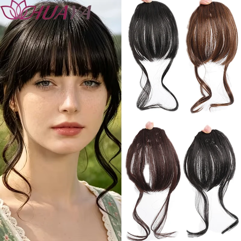 HUAYA Clip In Air Bangs Hair Pieces Synthetic Straight Fringe Wig Natural Curly Temples Realistic Hairline Breathable Bang Exten
