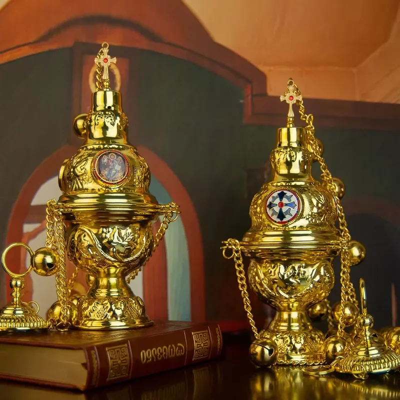 Hanging Alloy Incense Burner with Bells Golden Tone Swing Censer Catholic Church Supply 26 Inch Chain Strap 24 Bells
