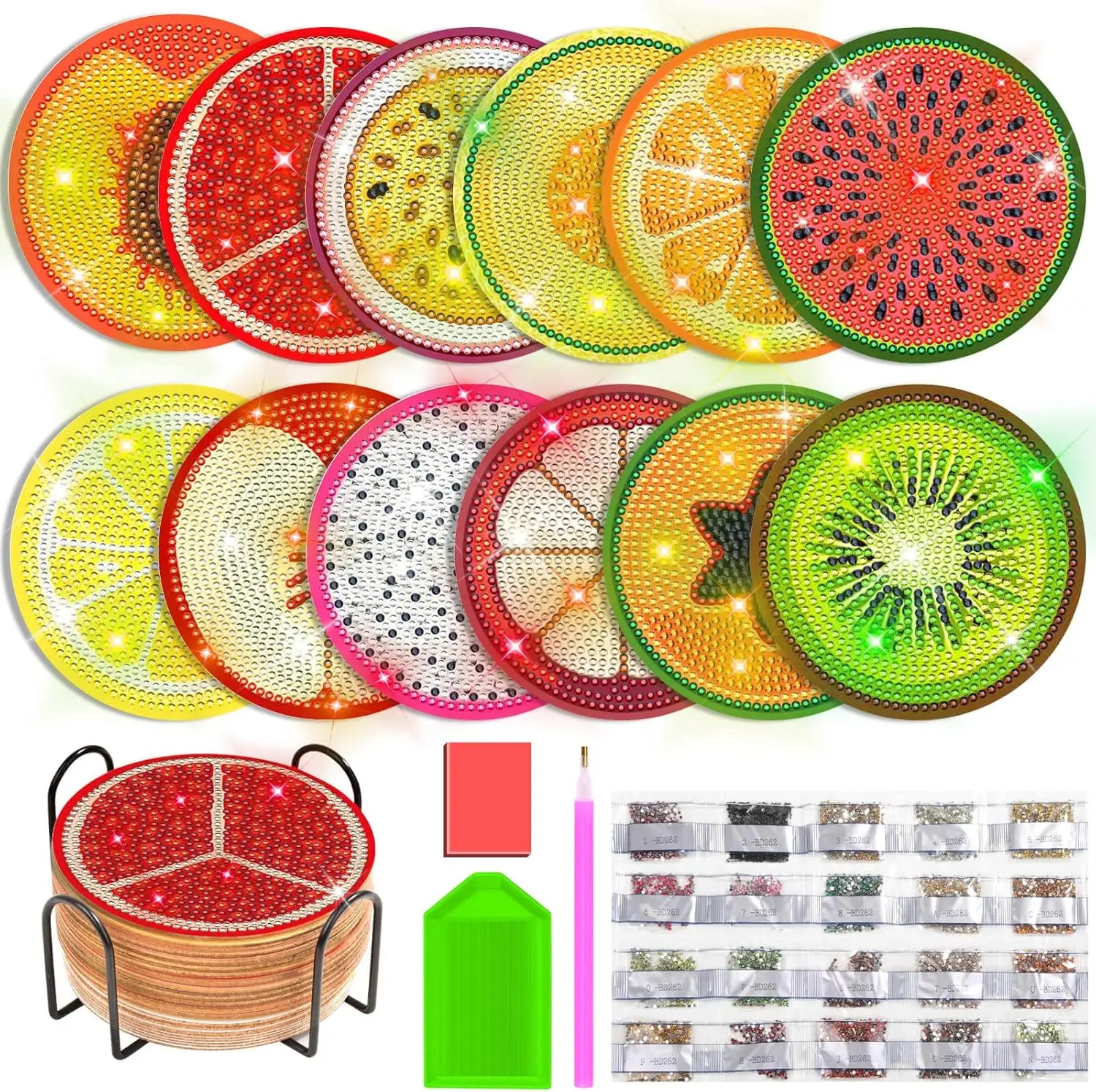 

12 Pieces Art Painting Coasters with Holder, Art Coasters, DIY Crafts Projects, Dot kits for adults and Beginners(Fruit Sty