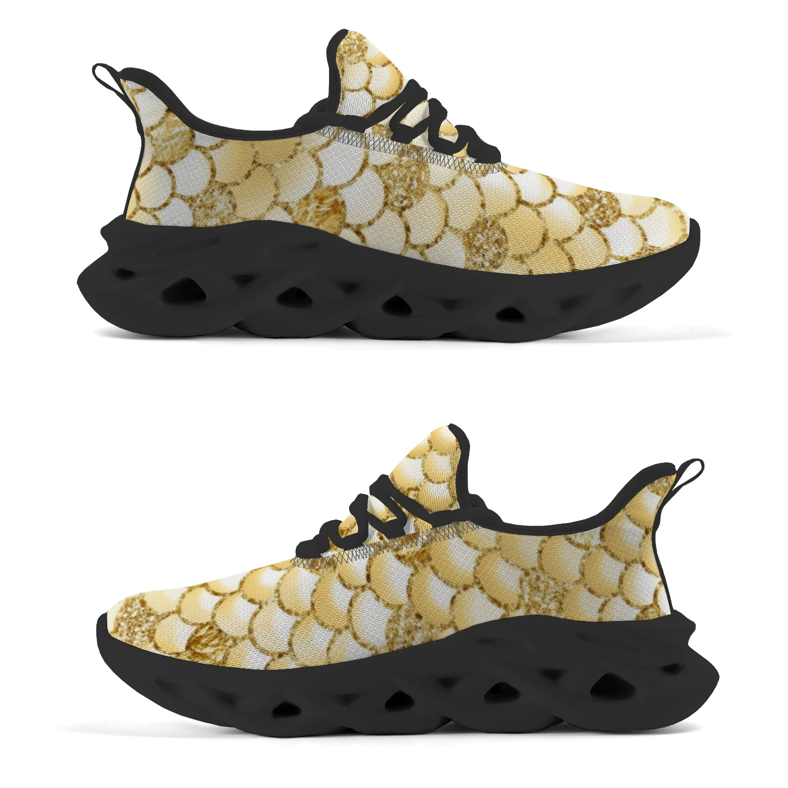 Buty sportowe z nadrukiem łusek złotych ryb dla kobiet i mężczyzn, lekkie buty do chodzenia i biegania, sznurowane siateczką.