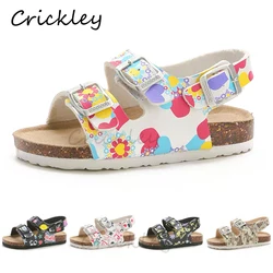 Sandalias de verano para niños y niñas, zapatos de tacón plano de cuero PU con estampado de dibujos animados, sandalias de corcho con correa y hebilla