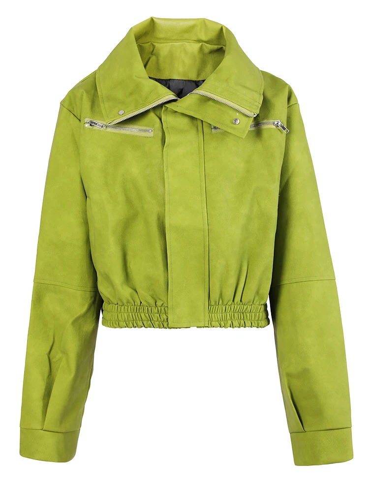 [EAM] Loose Fit Green Pu Leather Big Size Casual Jacket New Lapel Long Sleeve Women Coat Fashion Tide Spring Autumn 2024 CPG0419