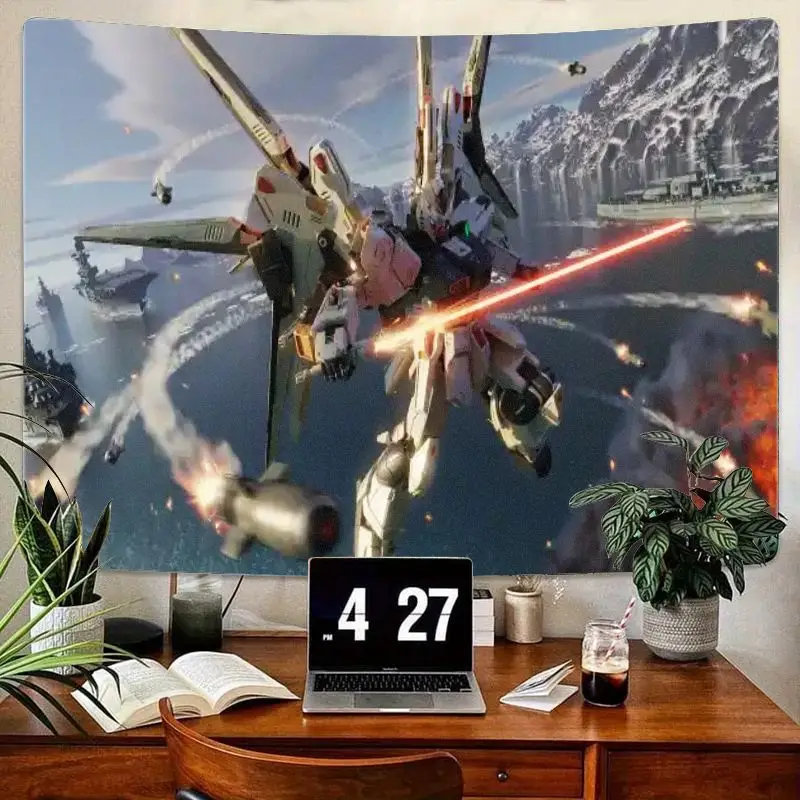 

1 шт., динамический гобелен Gundam Mech, красный энергетический меч, взрыв, снежная гора, фоновый гобелен для декора стен комнаты, аниме Mecha