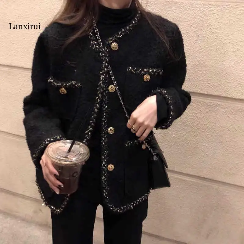 

Korean Female Black Tweed Jacket Coat Women Outerwear Coats Channel Style Suit Cropped Stripeed Kawaii Vintage Fashion Suit