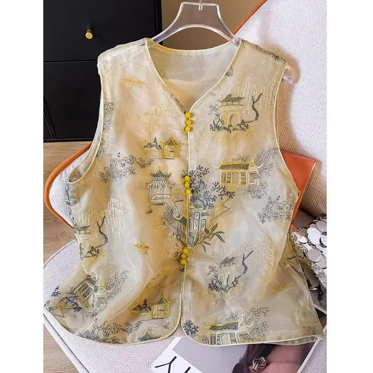 Summer Vintage Heavyweight Apocalyptic Style Women's Jacket Vest Embroidery Overlap Wear Floral Pattern Single Button Closure