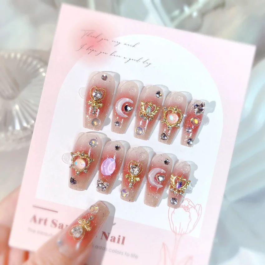 

24pcs Luxury Pink Long Ballerina Fake Nails Sweet Moon Star Rhinestones Press On Nail Full Cover Reusable False Nails for Women