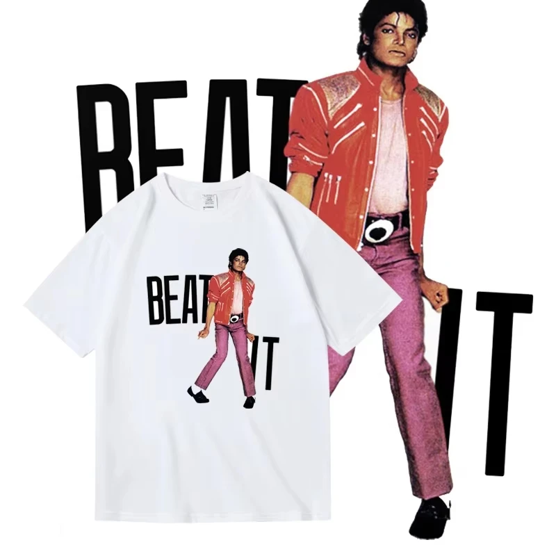 American Michael Jackson Mj Retro Print Cotton Round-neck Short-sleeved Vintage Streetwear Top for Boys and Girls