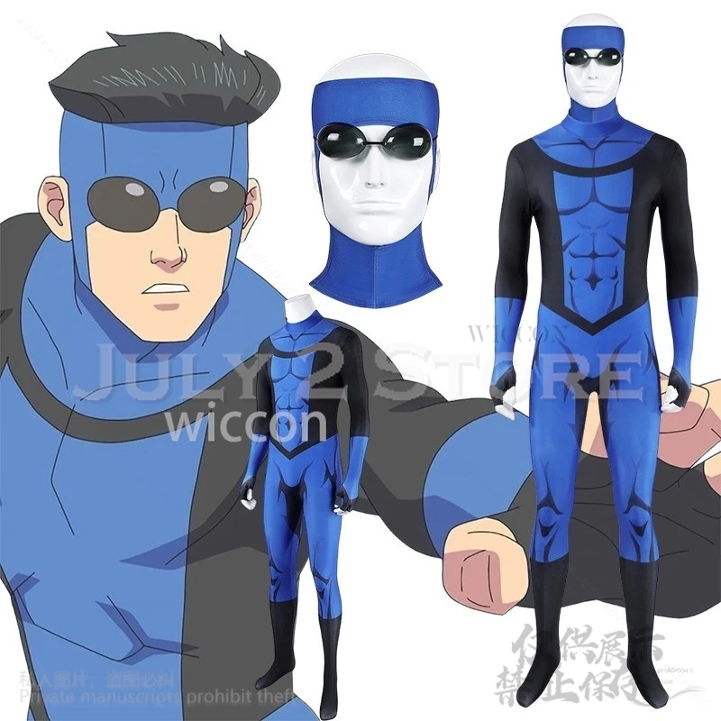 2025 Anime Invincibeee Cosplay Markgraysonn Costume Blue Jumpsuit Bodysuit Battle Uniform Mask Glasses Punk Man Halloween  Suit