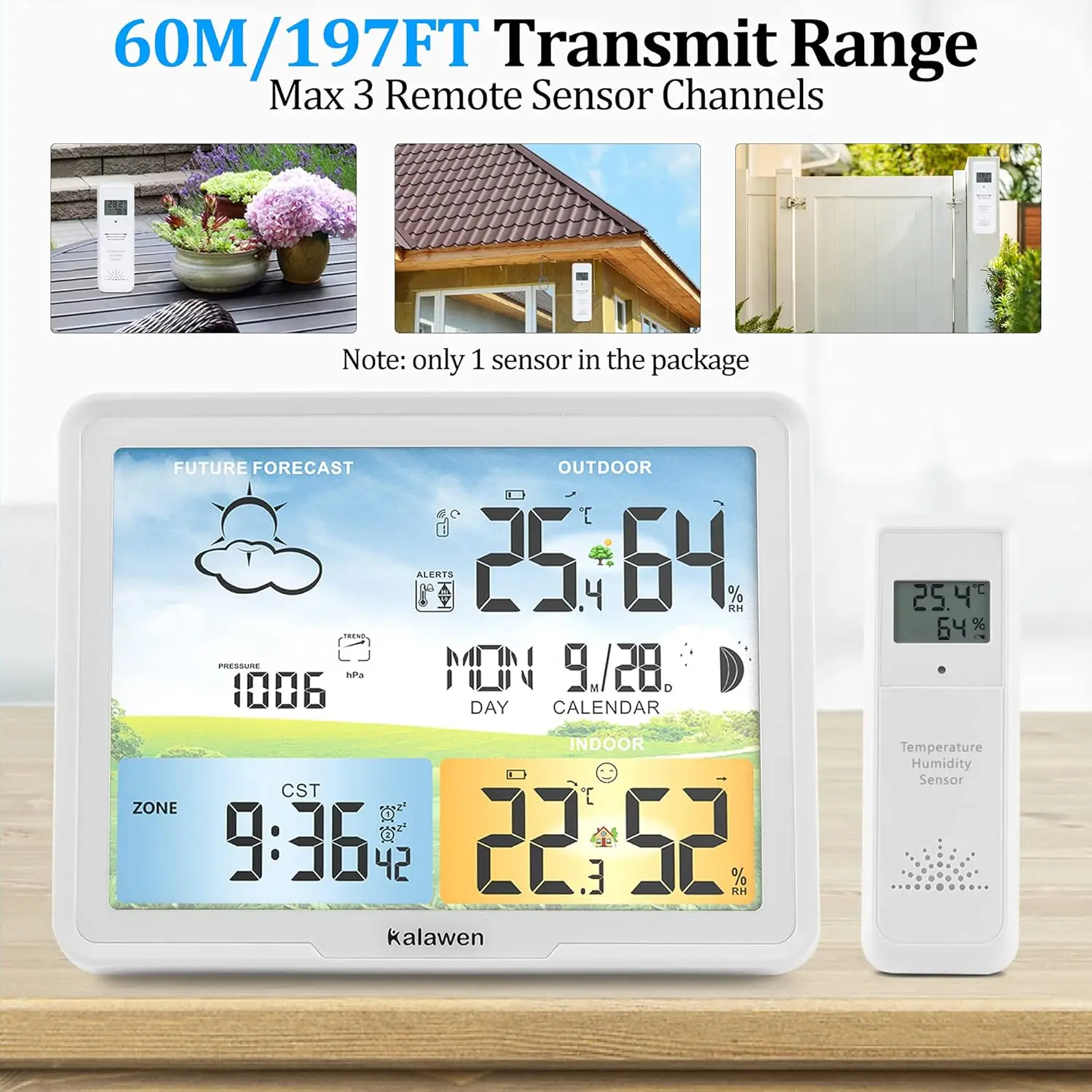 Wireless Weather Station with Atomic Clock, Digital Thermometer & Humidity Monitor, Indoor Outdoor Weather Forecast with Moon