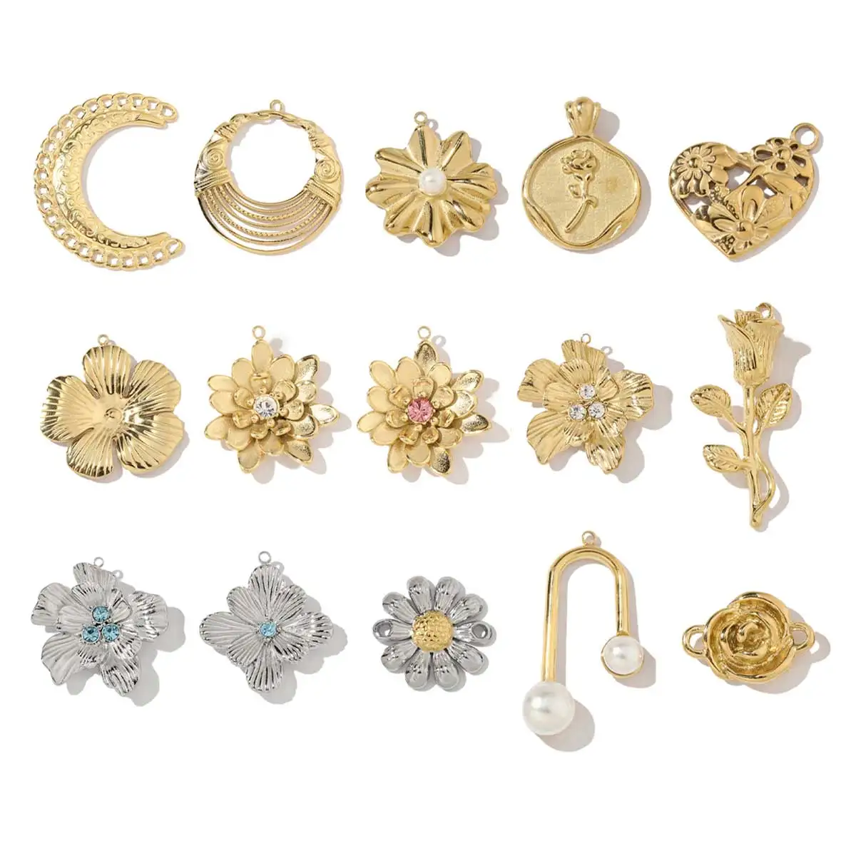 3 sztuk/partia hurtownie francuski liść stokrotki DIY Charms 3D róża półksiężyc naszyjnik ze stali nierdzewnej wisiorek biżuteria akcesoria