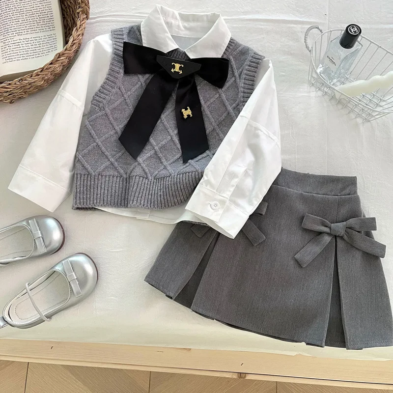 

Children's Outfit Skirt New Spring Korean Girl's Academy StyleJKTrendy Shirt Knit Vest Pleated Skirt Three-Piece Set