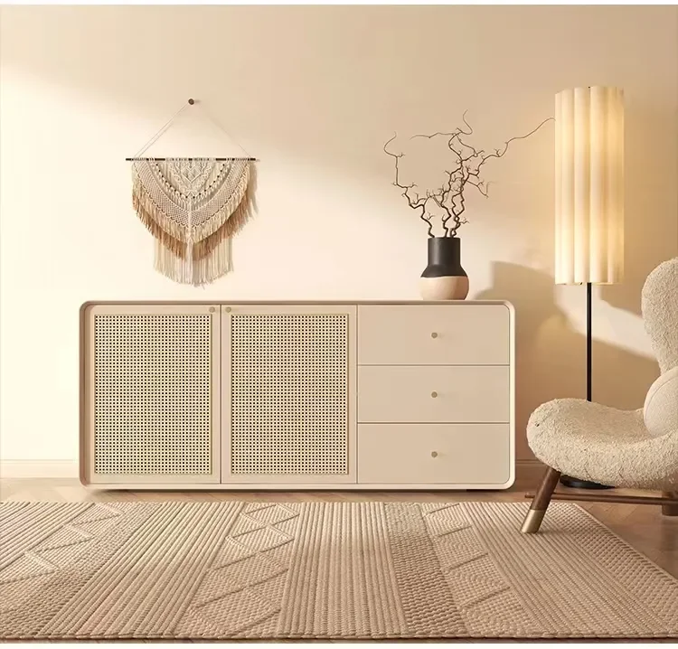 ATUNUS white and brown Light Luxury Style Nordic Modern Accent Buffet Cabinets 3 Doors Reclaimed Rattan Sideboard