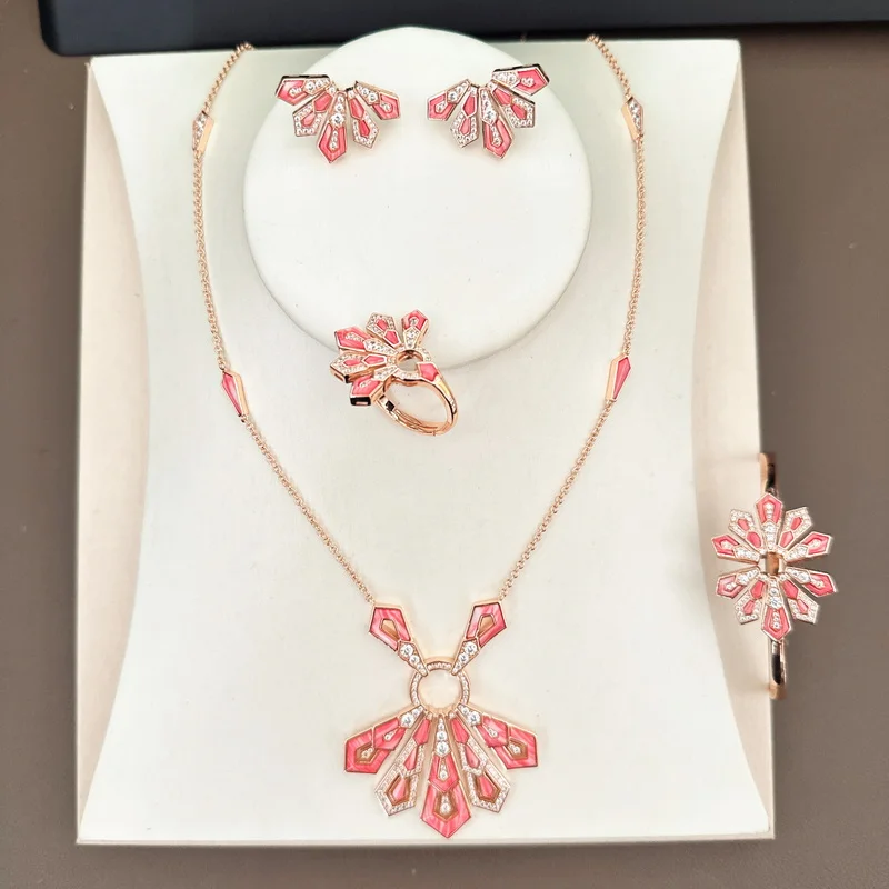 Designer Collection Style Ring Earrings Bracelet Necklace Inlay Cubic Zircon Pink Mother Of Pearl Party Fine Jewelry Set