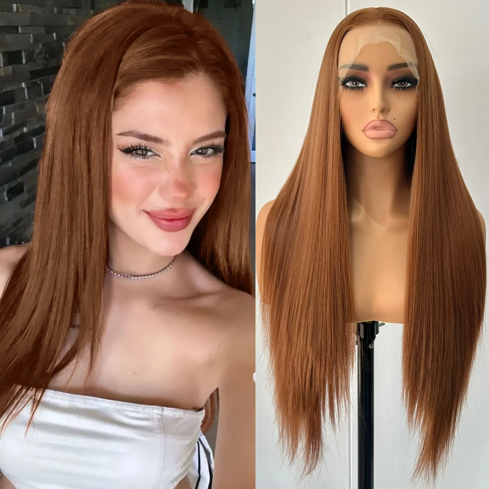 Light Brown Wig Long Silky Straight Synthetic Free Part 13X4 Lace Front Brunette Colored Wigs for Women Daily Party Cosplay