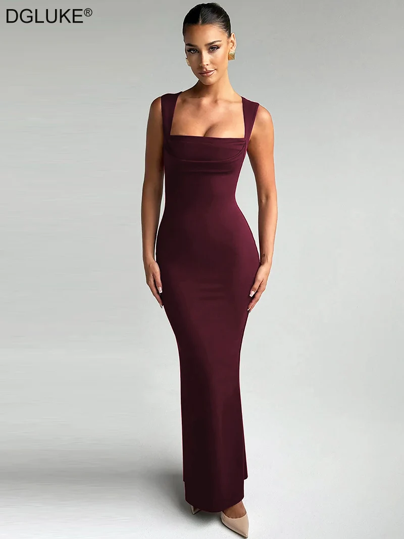 

DGLUKE Square Neck Sleeveless Bodycon Dress Women Elegant Long Summer Dress 2025 Fashion Formal Office Dress