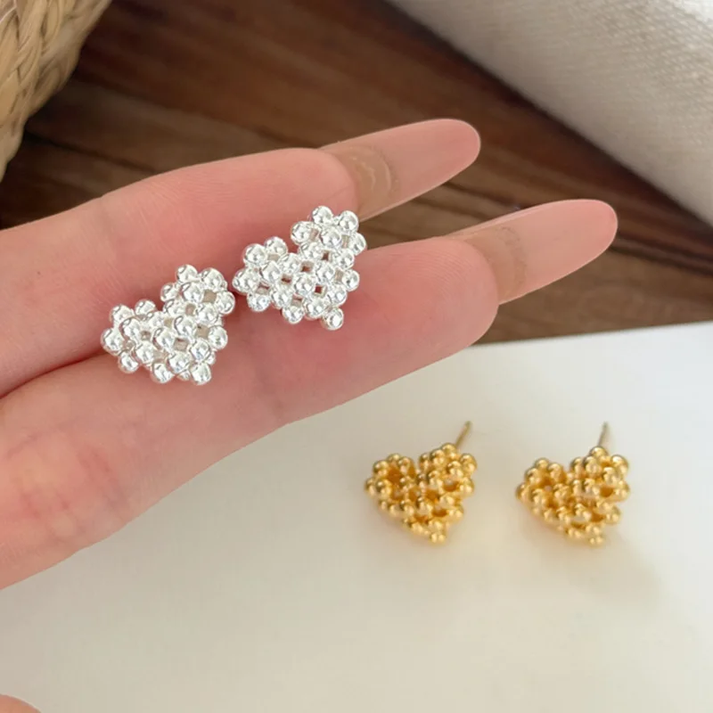 Textured Granulated Heart Stud Earrings Sparkling Metallic Beaded Contour Romantic Daily Minimalist Jewelry For Women Sweet