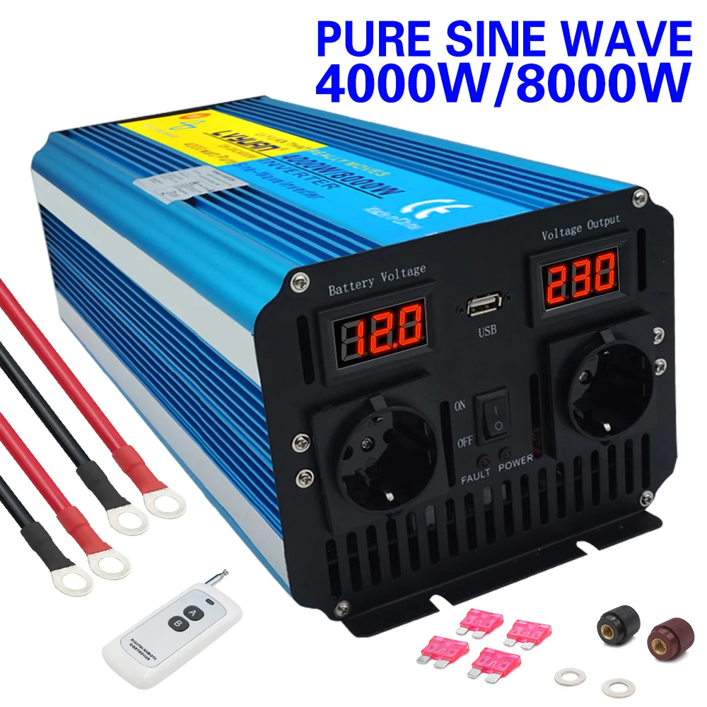 8000W Peak Power Inverter Pure Sine Wave  EU Plug LED Display With Cooling Fan Wireless Remote Controller инвертор 12v 220v