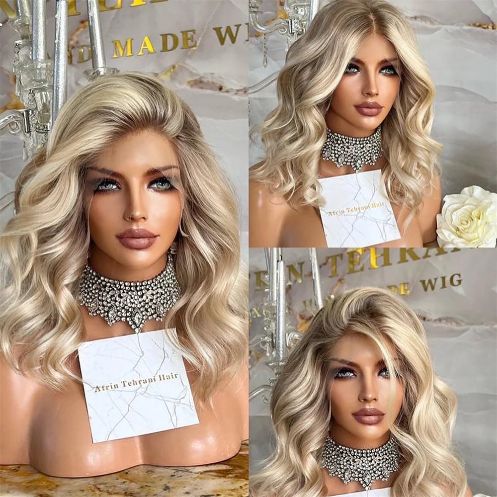 Short Wavy Synthetic Lace Front Wig for Women Creamy Blonde Highlights 13x4 Lace Frontal Glueless High-Quality Wig Melt Roots