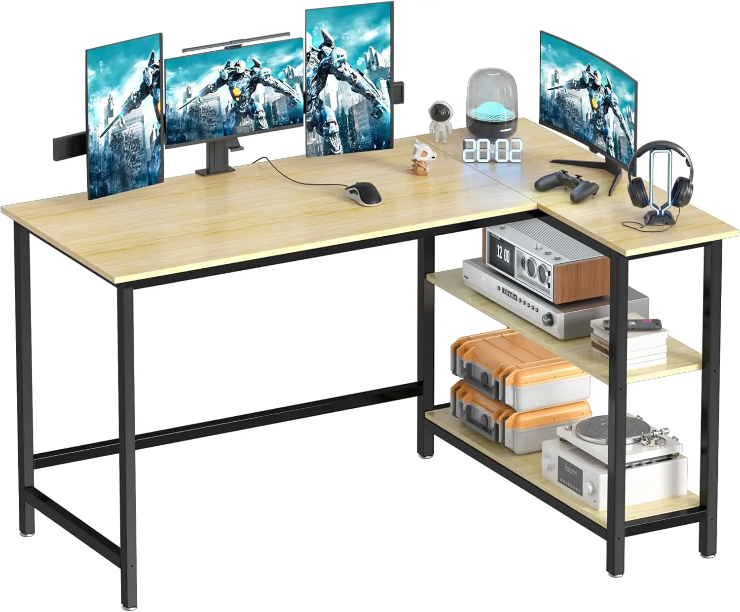 L-shaped table -43 inch gaming table, computer corner table, home office desk with bookshelf, space saving workstation desk