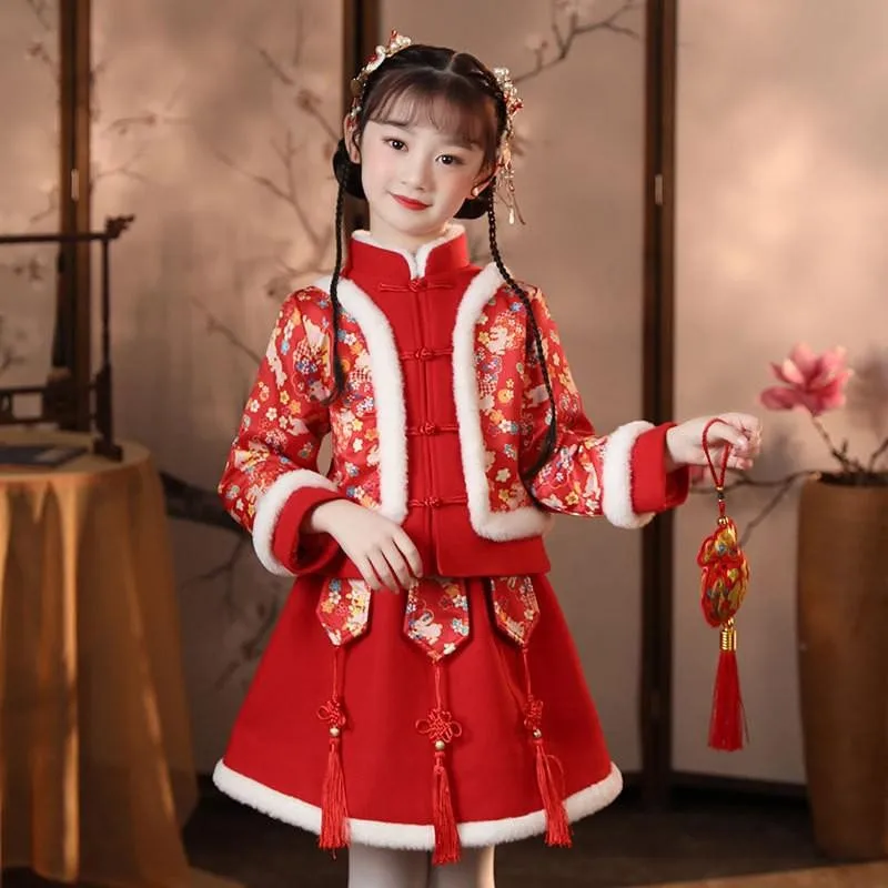 

Kids 2023 Winter New Tang Suit Hanfu Cheongsam Dress 2PCS Top+Skirt Suit Girls Red Pink Chinese New Year Clothing Vestido