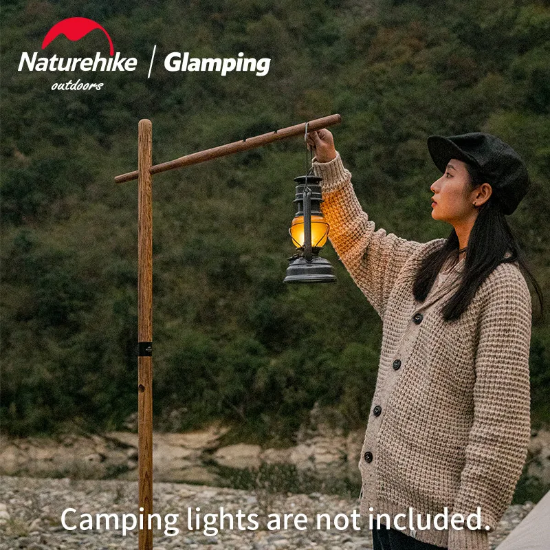 Naturehike 212cm Light Rack Outdoor Adjustable Lamp Pole 3 Hole Stainless Steel Base Detachable Portable Wooden Lamp Frame 2.2kg