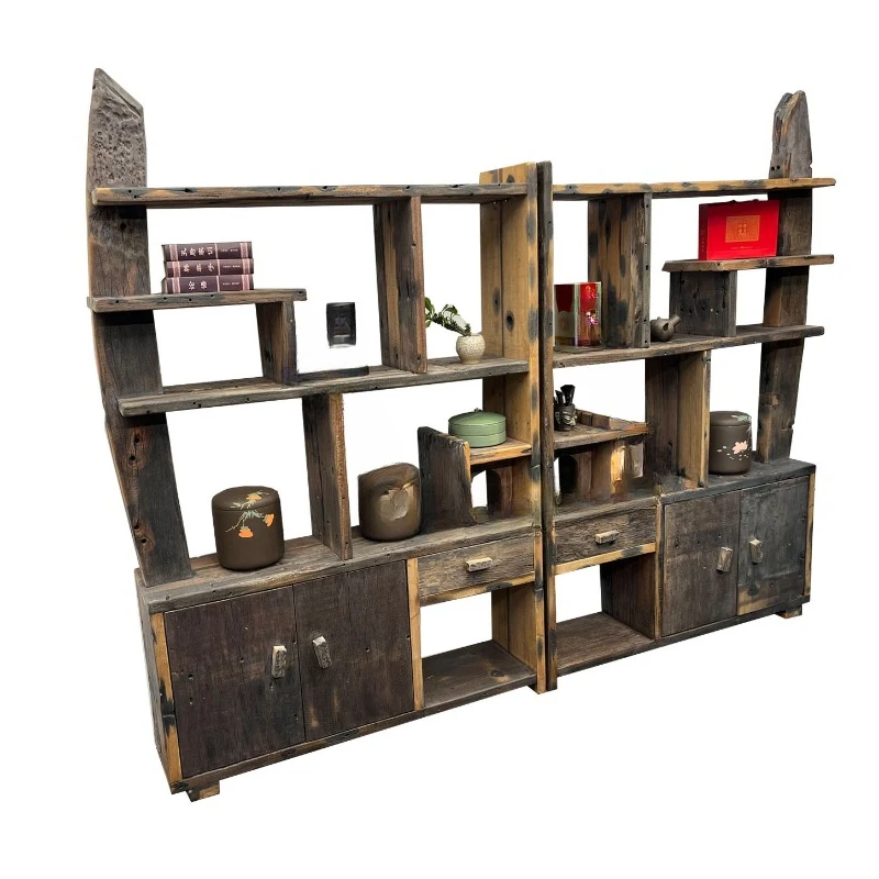 

Old boat wood logs, quaint s olid wood Bogu rac k, living room, Duobao storage display rack
