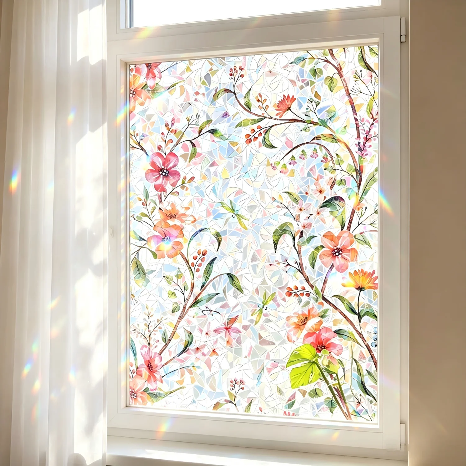 Floral Galsang Flower Window Privacy Film Rainbow Static Cling Vinyl Decal No Glue Anti UV Heat Insulation for Home Glass Doors