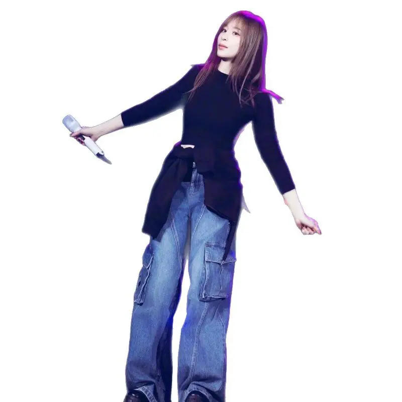 جينز نسائي فضفاض عالي الخصر وواسع الساق ملابس عمل أمريكية Sle ريترو مع كيتس للسيدات كاجوال من قماش الدنيم الأزرق من قماش البولي يوريثان #5