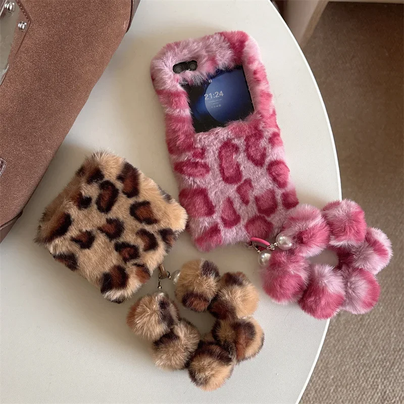 Funda de felpa esponjosa con estampado de leopardo para Samsung Galaxy Z Flip 7, 6, 5, 4, 3, Zflip7, a prueba de golpes