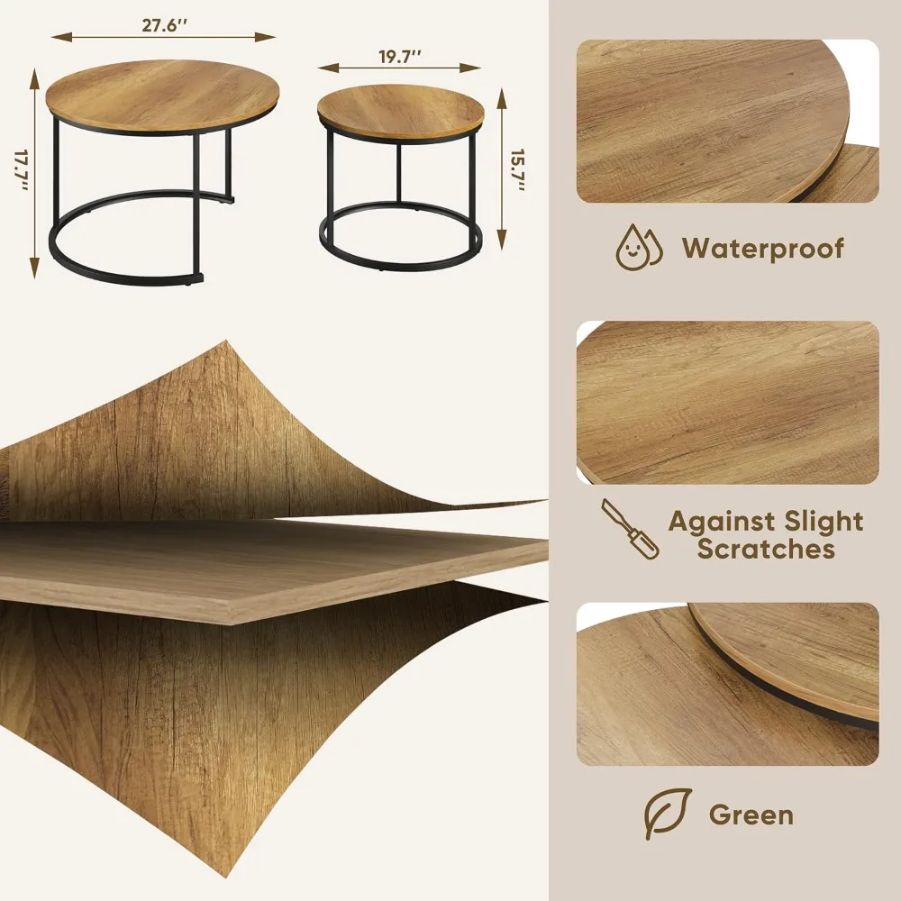 Round Wood Grain Coffee Table Set of 2 with Adjustable Feet, Industrial Style, Non-Slip Stability, Nesting End Tables