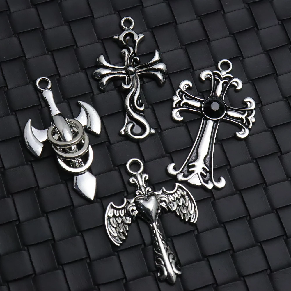 2pcs Punk Gothic Multi Style Cross Charms  Axe Wing Heart Swirl Cross Pendants Dark Aesthetic Handmade DIY Jewelry Accessories