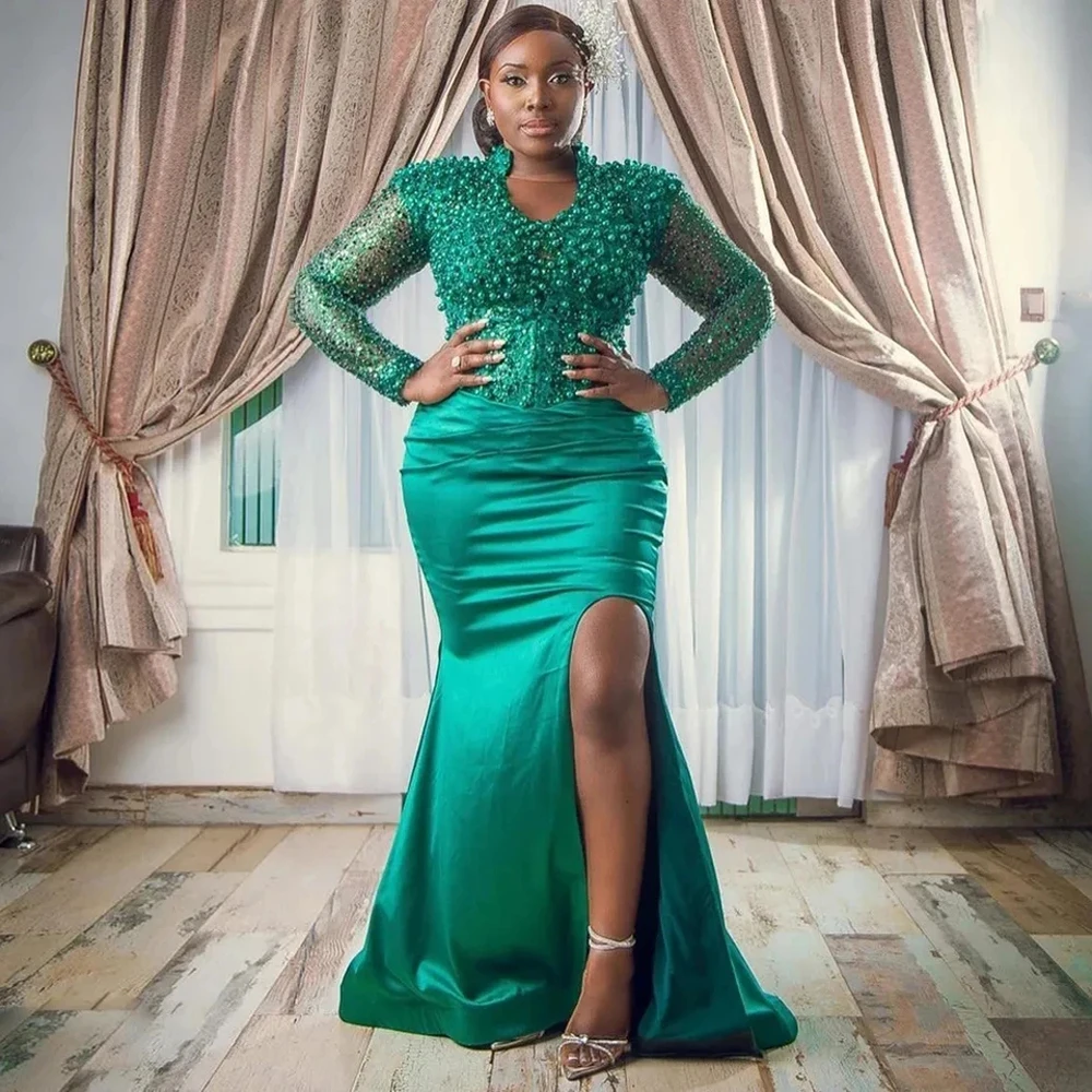 Elegant African Green Long Evening Dresses Asoebi Prom Dress with Heavy Pearls Mermaid Silk Satin Hand Beaded Wedding Guest Gown