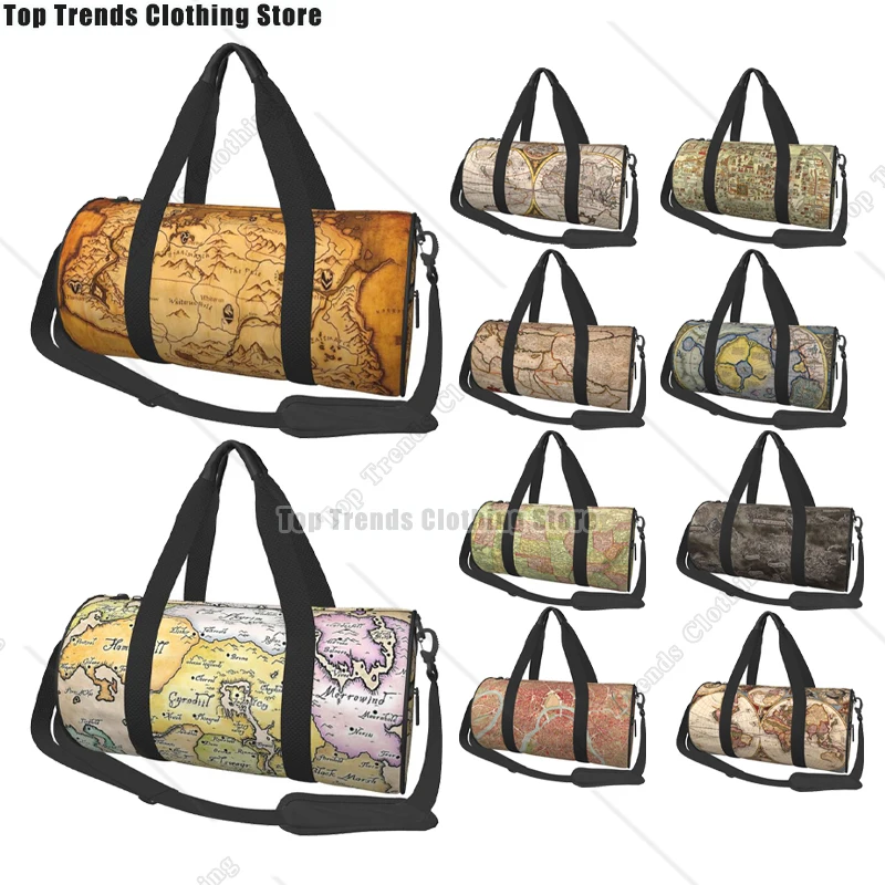 

Map Vintage Travel Bags Men Fitness Handbag Cylinder Shoulder Bag Women Large Travel Tote Luggage Bag Gym Handbags