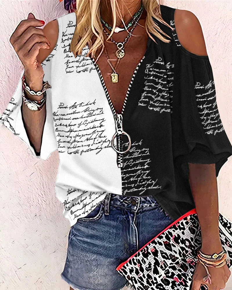 

Summer Elegant Women Letter Print Colorblock Cold Shoulder Top Femme Casual Lantern Sleeve Three Quarters Zipper Blouse Lady Str