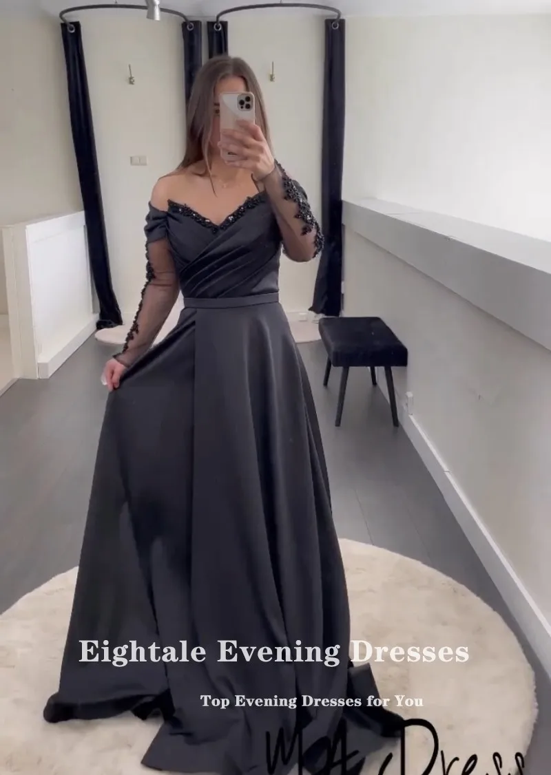 Eightale Arabic Evening Dresses Party Satin V-Neck A-Line Black Appliques Beaded Long Sleeves Prom Gowns vestidos de noche