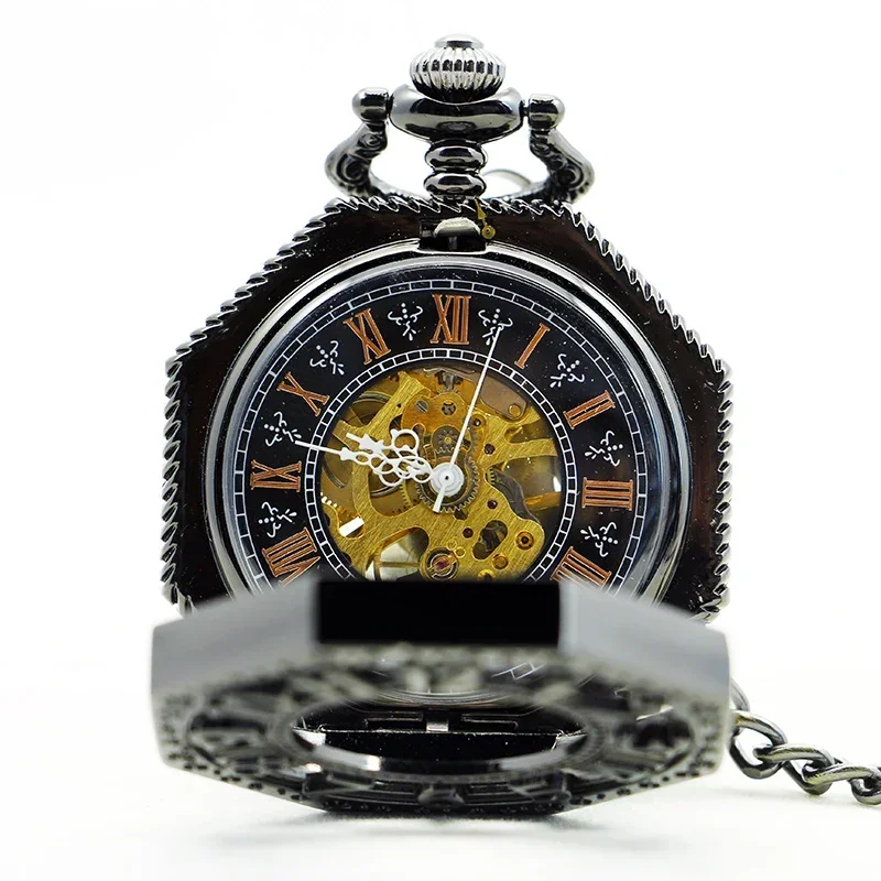 

PJX1143 NEW Steampunk Antique Hexagonal Mechanical Pocket Watch Hollow Necklace Chain Clock Men Women Lady Hand Wind Fob Watches