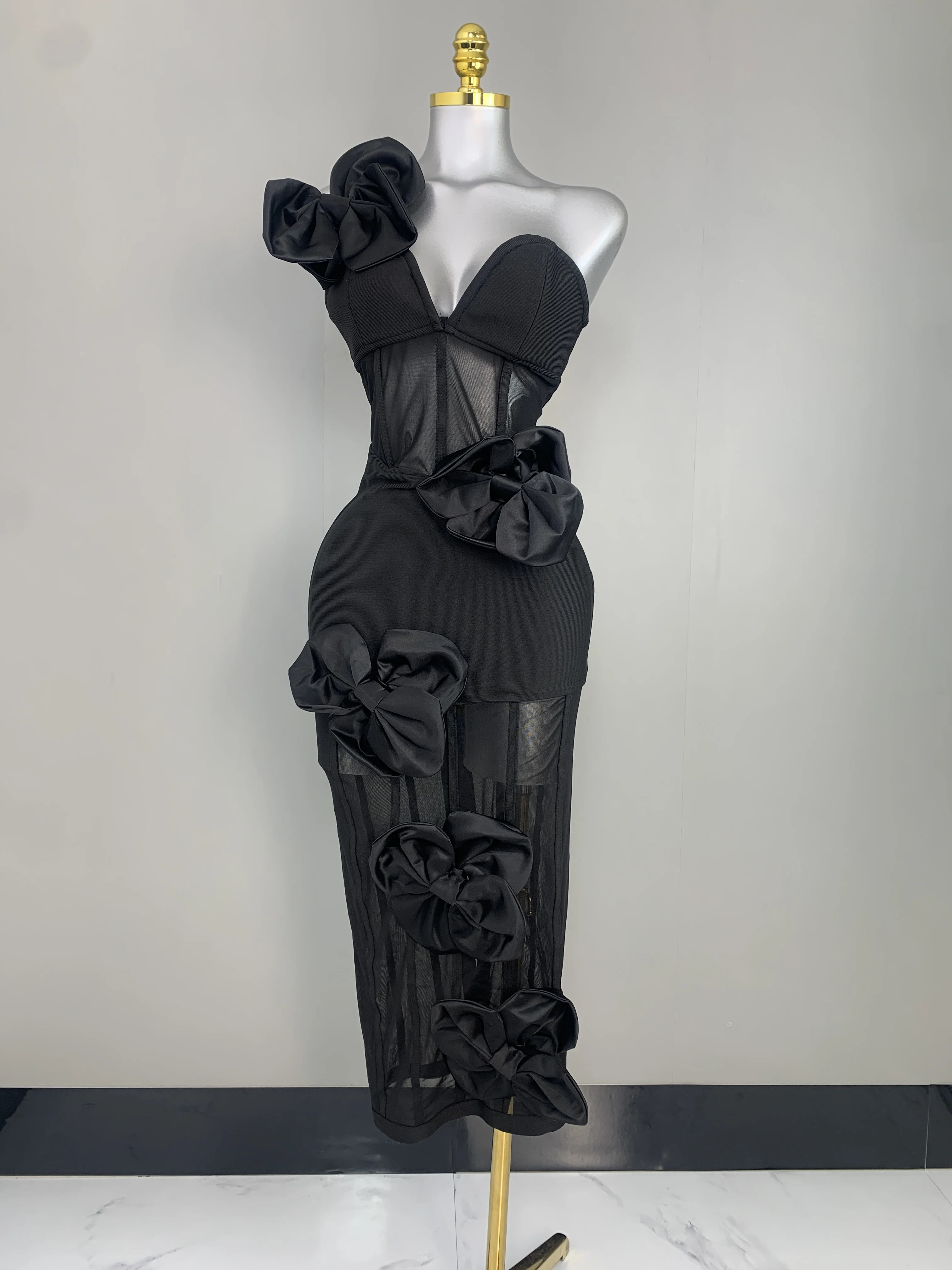Women Elegant Black One-Shoulder Deep V 3D Satin Bow Mesh Panel Slim-Fit Mid Dress with Gloves Luxury Evening Club Dresses