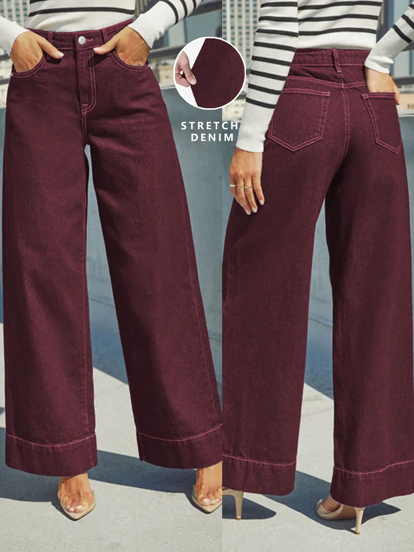 

New burgundy women's jeans wide-leg jeans stretch fabric with button placket women's casual outing essential straight jeans