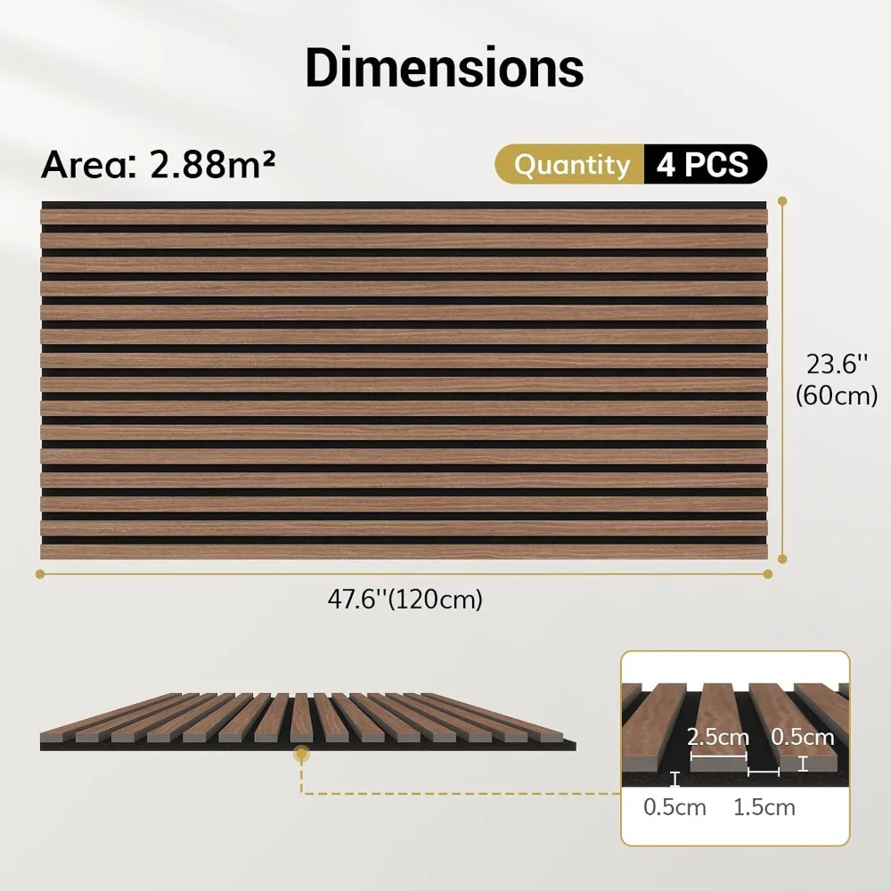 Wood Slatwall Panels, 4 Pack 47.2"x23.6" Acoustic Wall Panels for Noise Cancelling, Home Decor, Living Room, Bedroom, Office, Walnut - view 4