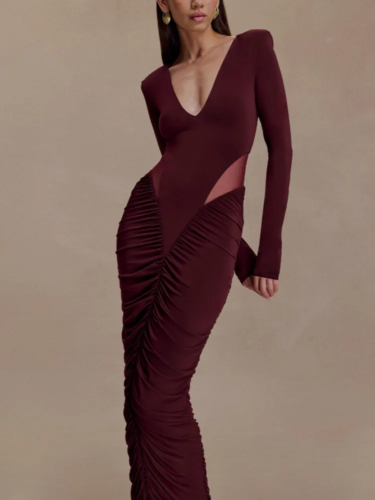 القطب الشمالي مثير العميق الخامس شبكة المرقعة Bodycon فستان أنيق مطوي المرأة سليم فستان طويل الخريف الشتاء نادي الحفلات ثوب مسائي