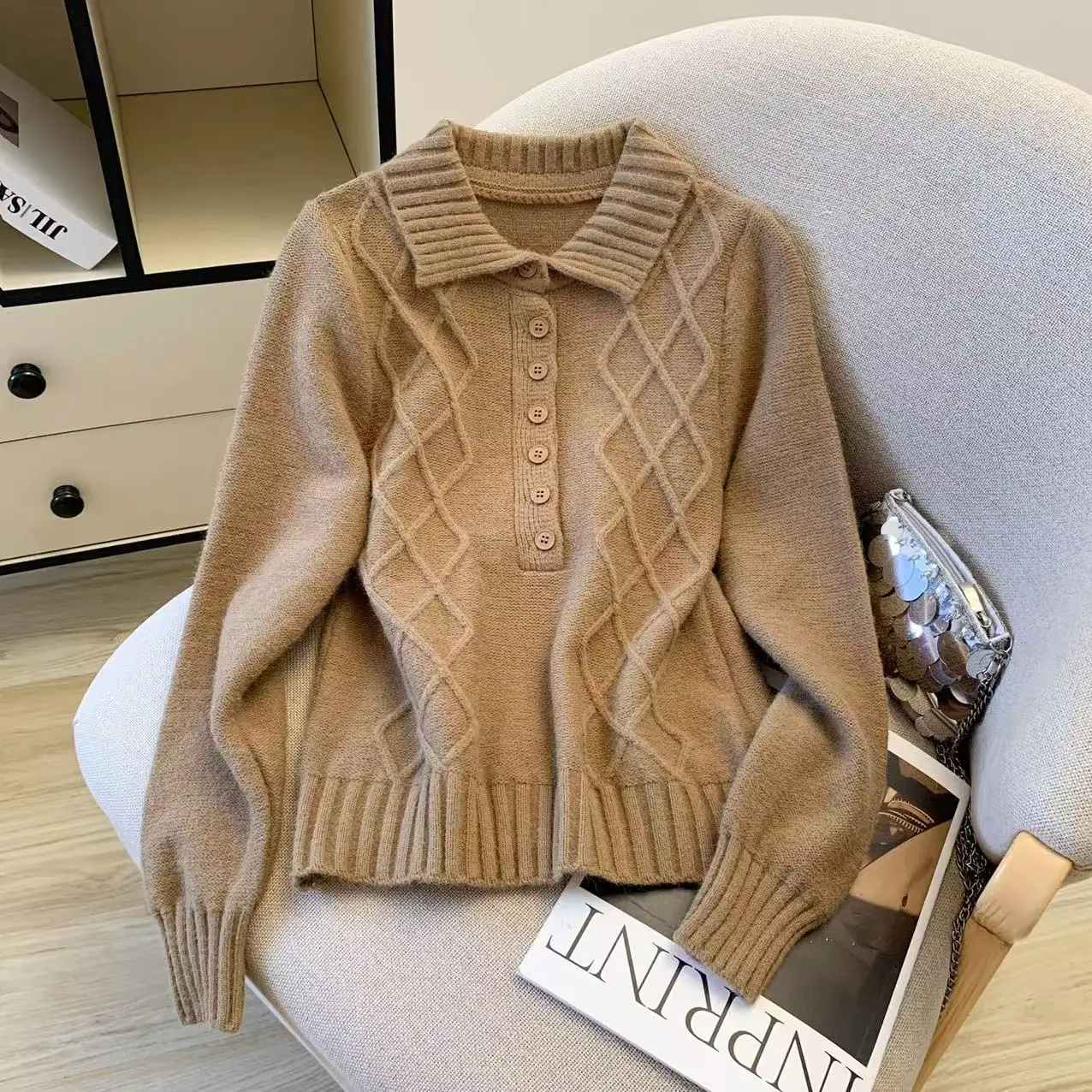 

Women's Brown Plaid Pullover Sweater Vintage 2000s Jumper Knit Preppy Style Long Sleeves Cashmere Sweater Autumn Winter Clothes