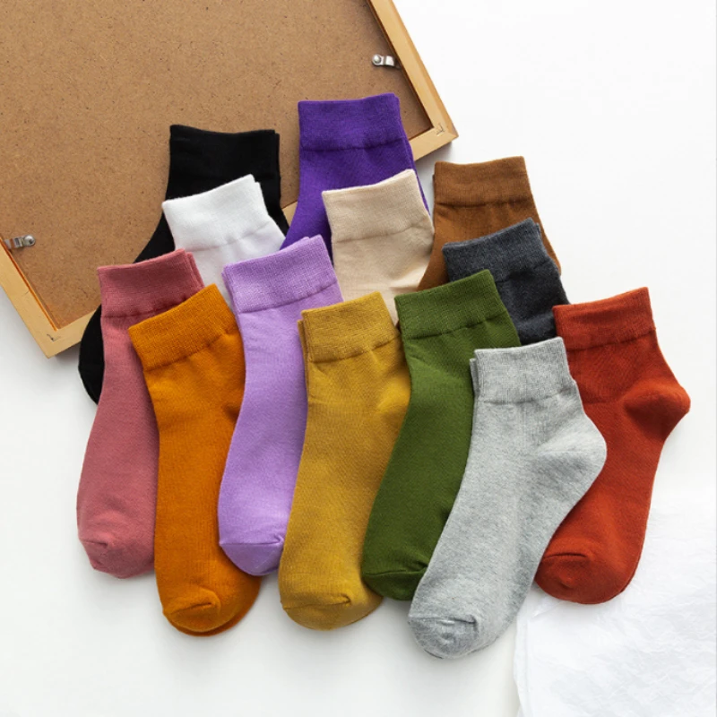 5 Pairs Ankle Socks for Women Crew Long Breathable Casual Cotton Black White Fashion Solid Colors Spring Autumn Calcetines