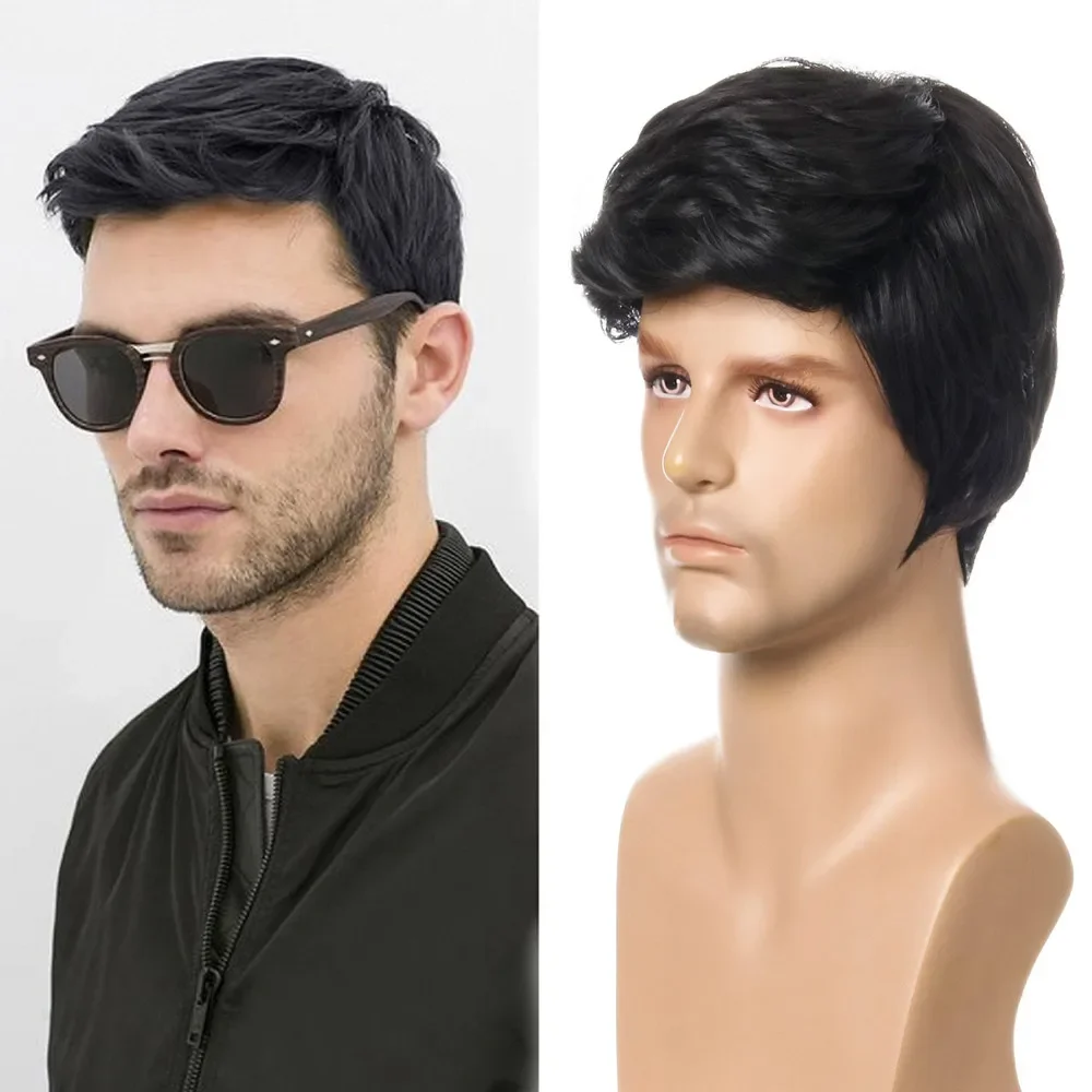 

Short Men's Wigs Daily Use Natural Hair for Black With Bangs Gumless Synthetic Heat Resistant Fiber Headgear