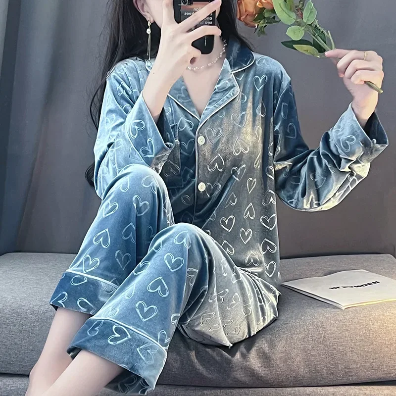 

Velvet Sleepwear Trouser Suits Autumn Winter New Female Pajamas Set Fashion Jacquard Loungewear Loose Casual Velour Homewear