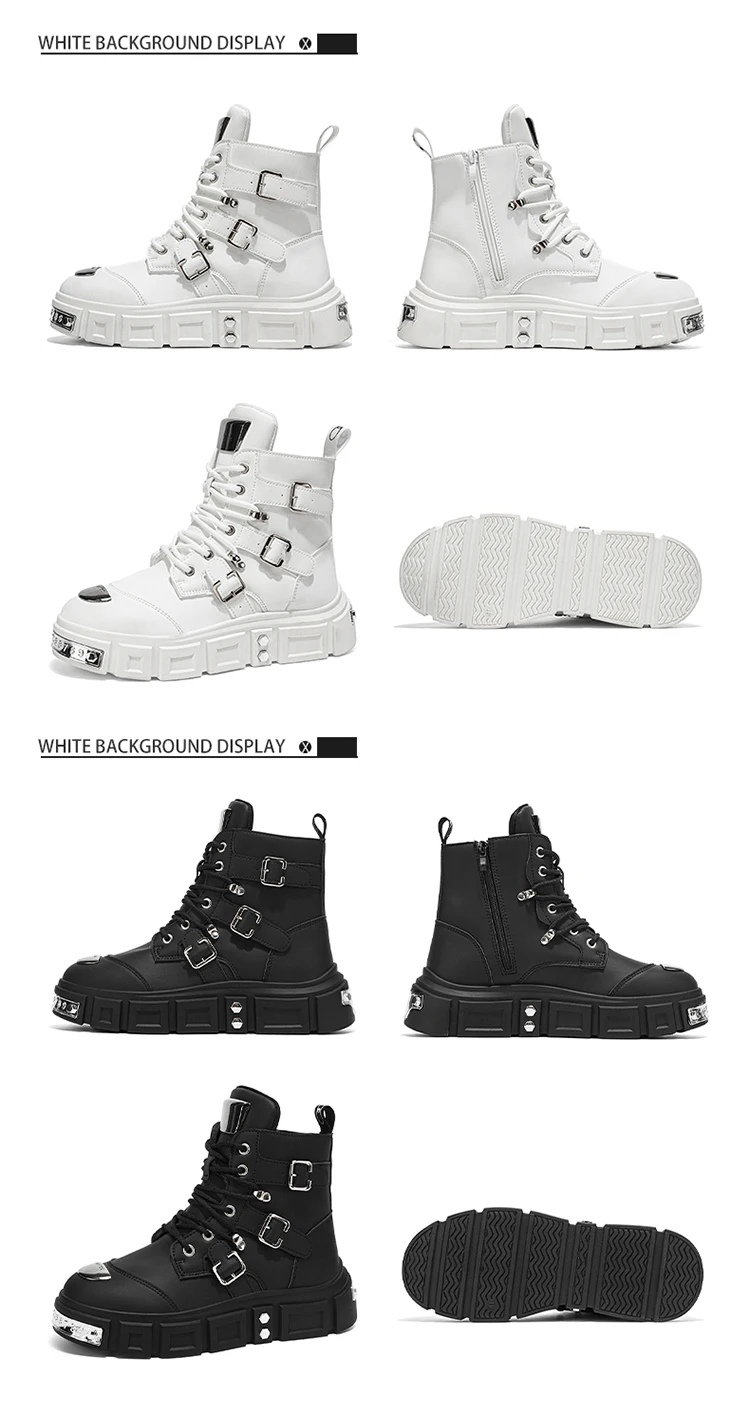 Herren-Streetwear-Stiefel in Uni-Farbe, High-Top, mit Metallschnalle, im Punk-Stil, Motorradstiefel – Detail 20