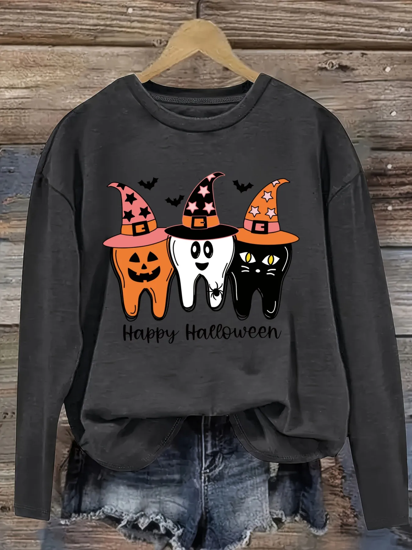 Women's Casual Long Sleeve Crew Neck T-Shirt Happy Halloween Tooth Witch Hats Design, Round Neck Women's Clothing, Machine Washable, Slightly Elastic, Loose Fit, Spring Autumn Winter Women's T-Shirt, Halloween Costume Outfit view 2
