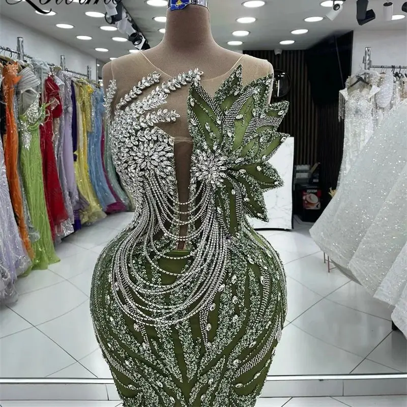 Vestido de noche Formal con borlas y cristales árabes para mujer, traje de diseño de sirena con hojas en 3D verdes, 2024